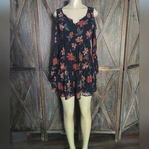 Hollister Floral, Cold Shoulder, Long Sleeves, Chiffon, Mini Dress